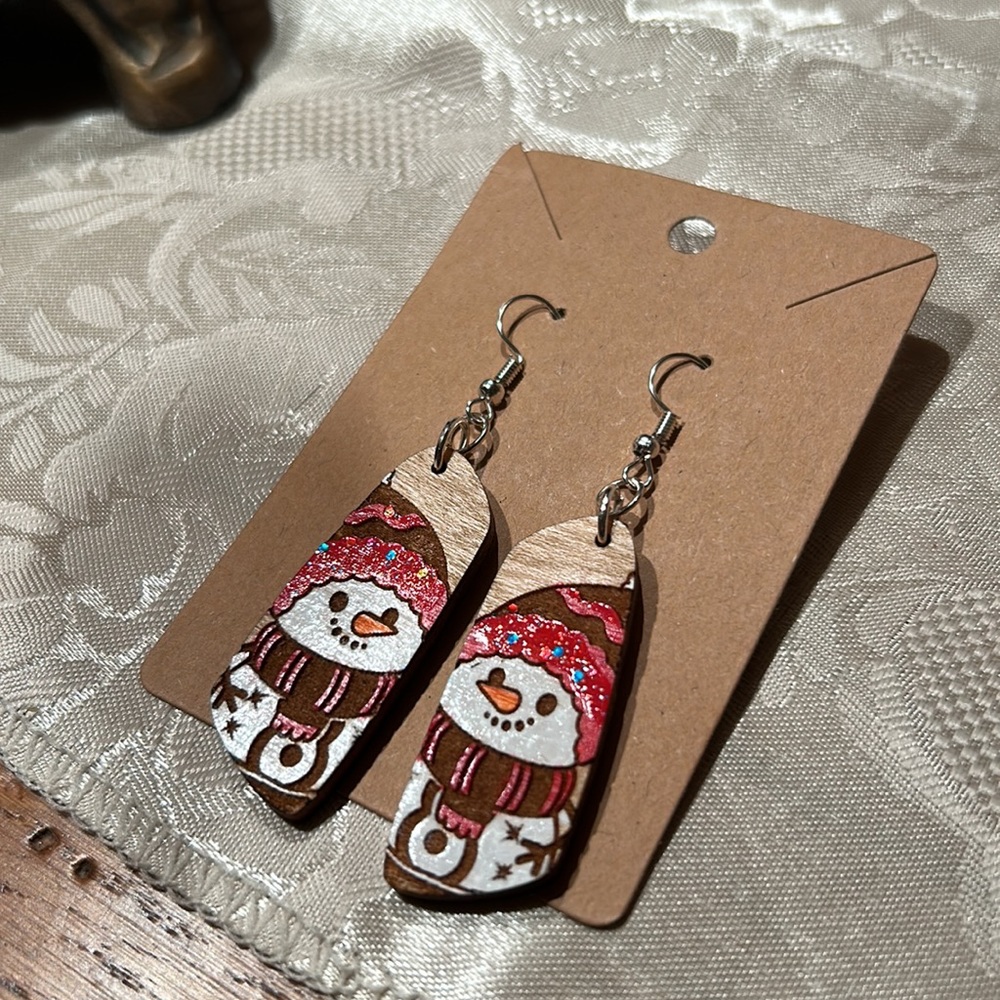 Handmade Wooden Snowman Christmas Dangle Earrings Hand Painted Winter Holiday - Picture 4 of 8